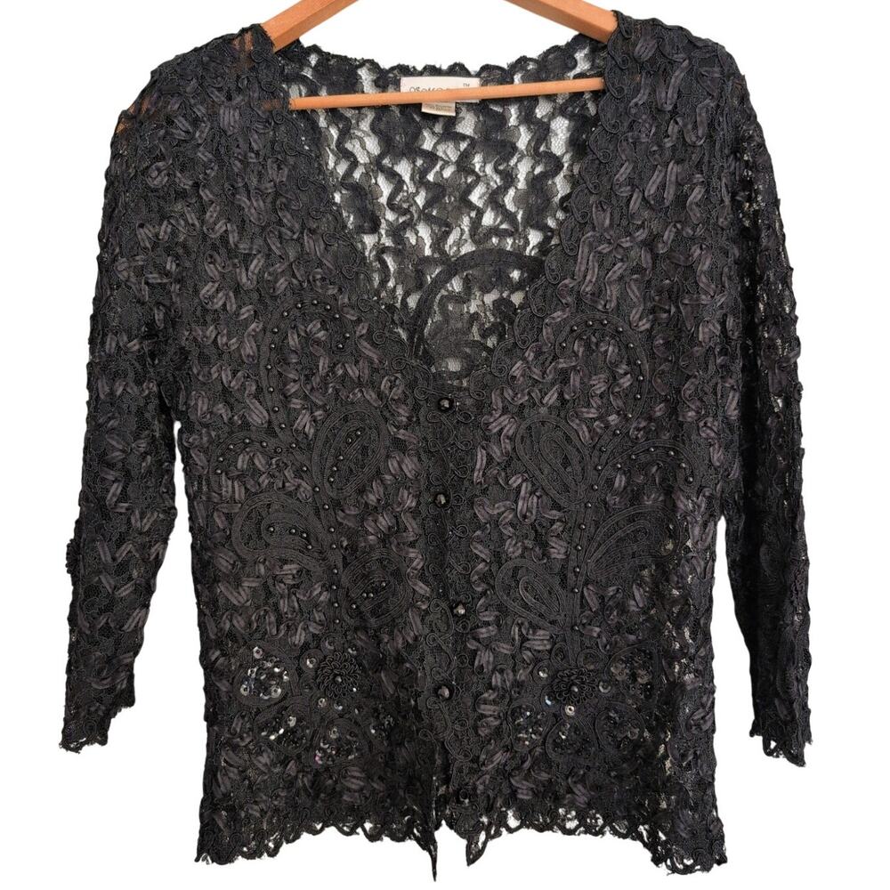 Sheer Mesh Lace Beaded Top Jacket Women Medium Whimsigoth Witchy Ethereal Vamp‎